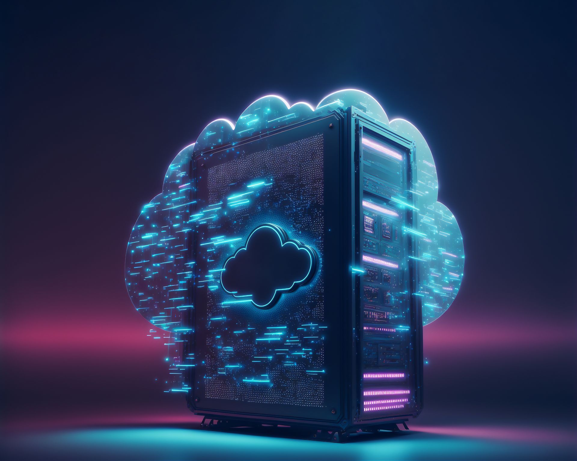 A picture of a server with the word cloud on it