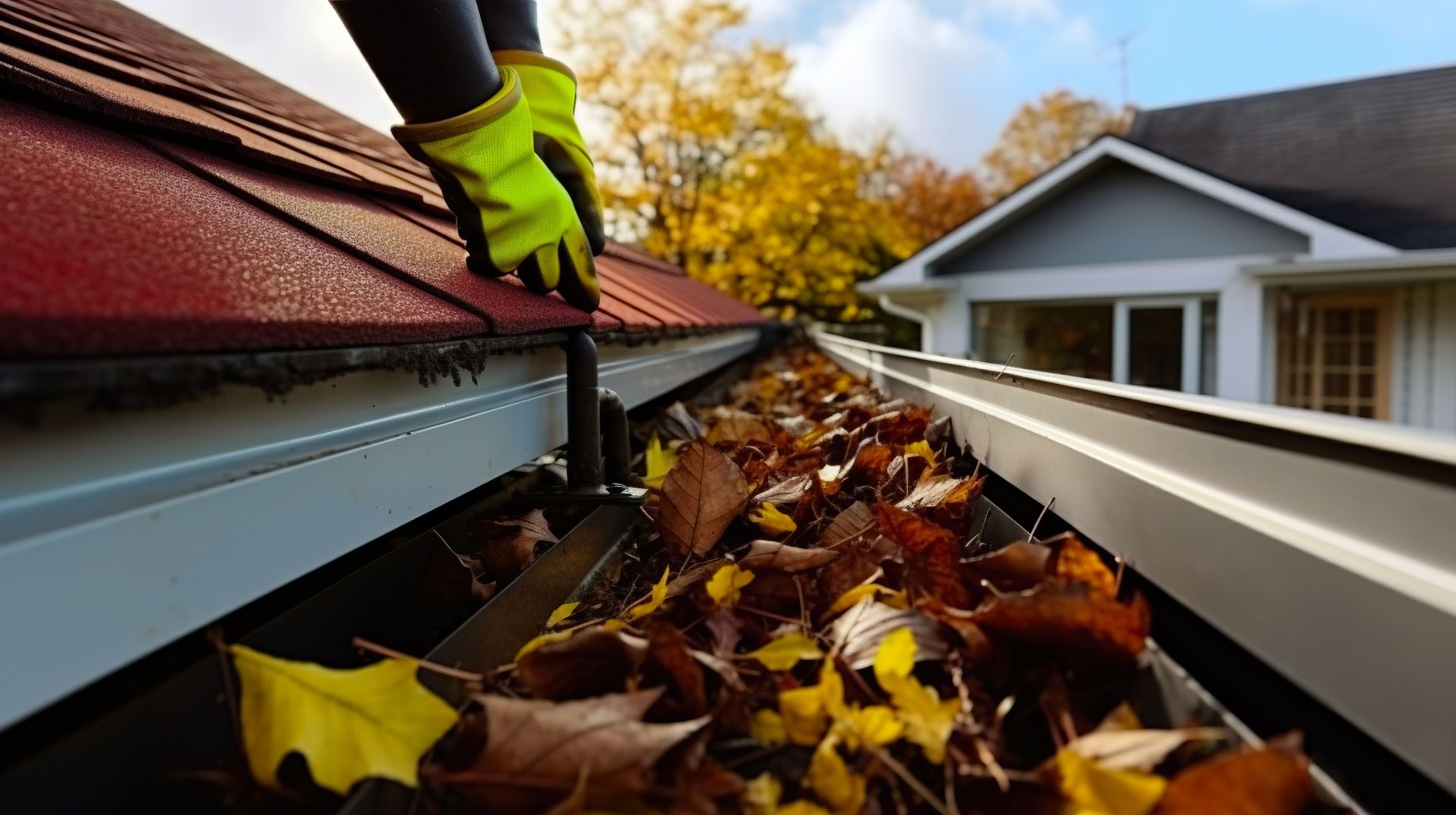 A person is cleaning a gutter with leaves on it.