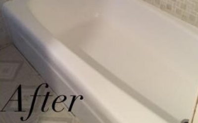 A clean, white bathtub in a bathroom, labeled