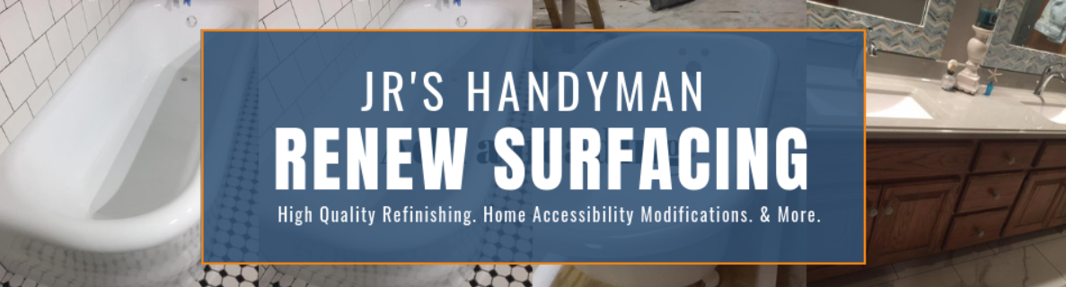 Logo for JR’s Handyman Renew Surfacing, featuring business name and services over a bathroom sink and tub background.