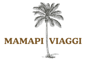 Logo per l'agenzia di viaggi Mamapi Viaggi raffigurante un'alta palma disegnata con il testo sottostante: 