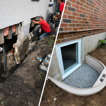 Two construction workers in red shirts repair a building foundation by installing steel support jacks in an open trench.