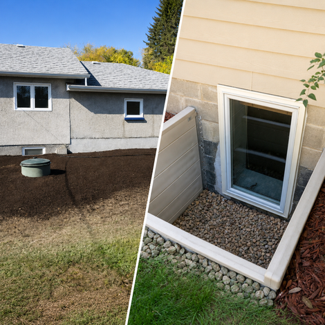 A single-story house with grey stucco walls and a shingled roof, featuring a patch of fresh soil and a septic tank cover.