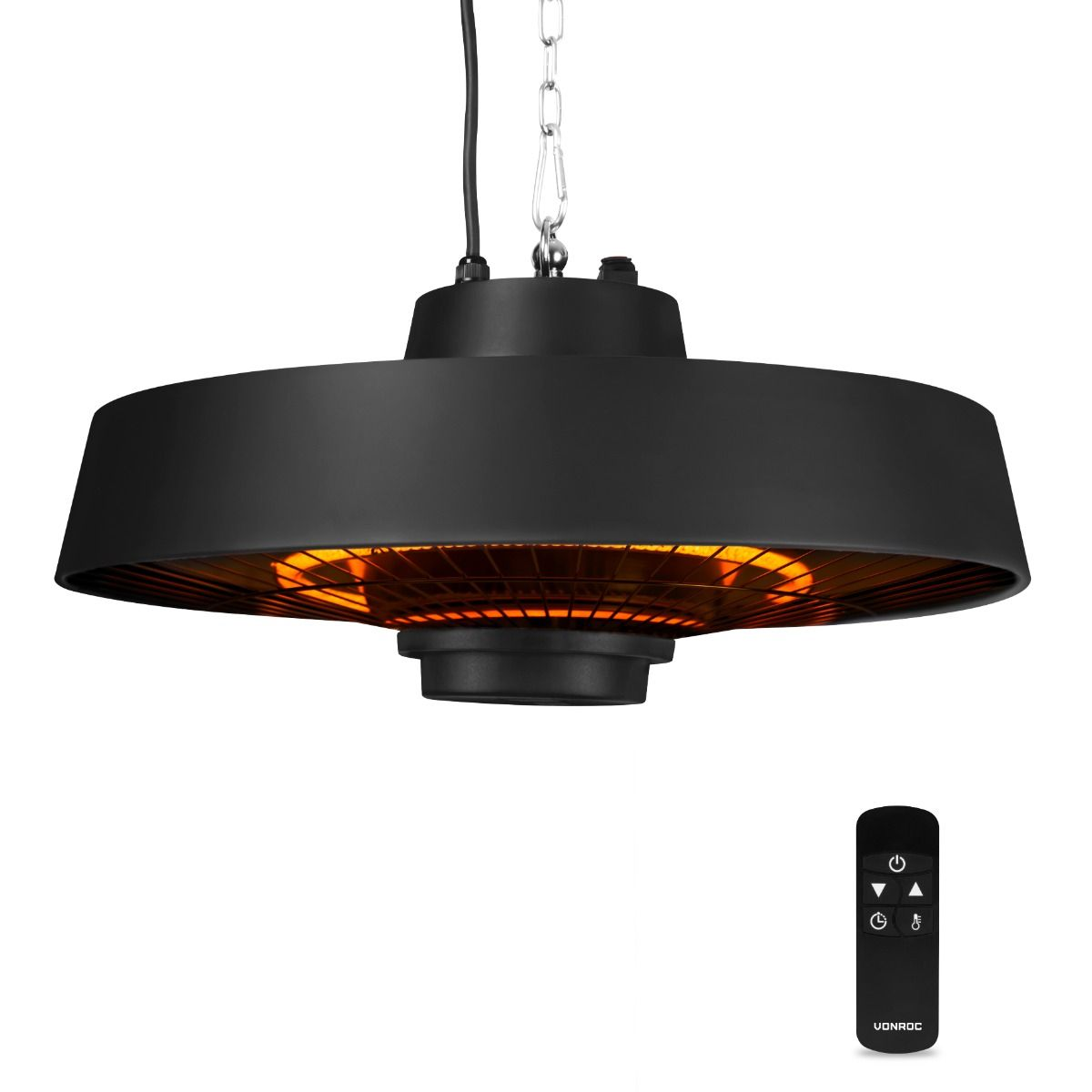 Een zwarte, ronde hangende terrasverwarmer met een gloeiend verwarmingselement en een bijpassende afstandsbediening op een witte achtergrond.