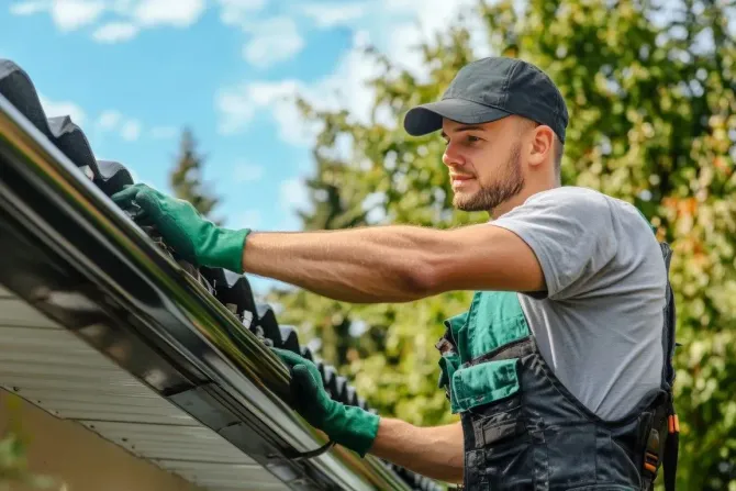 Worker in green gloves cleaning gutters on a roof under a blue sky