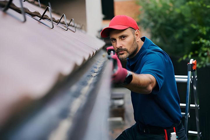 Worker in red cap and blue shirt cleaning a roof gutter with a tool, focused on the task.