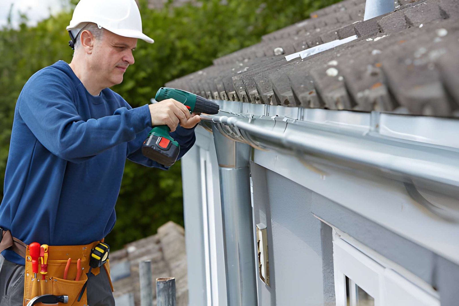 Worker using a drill to install roof gutter on a house