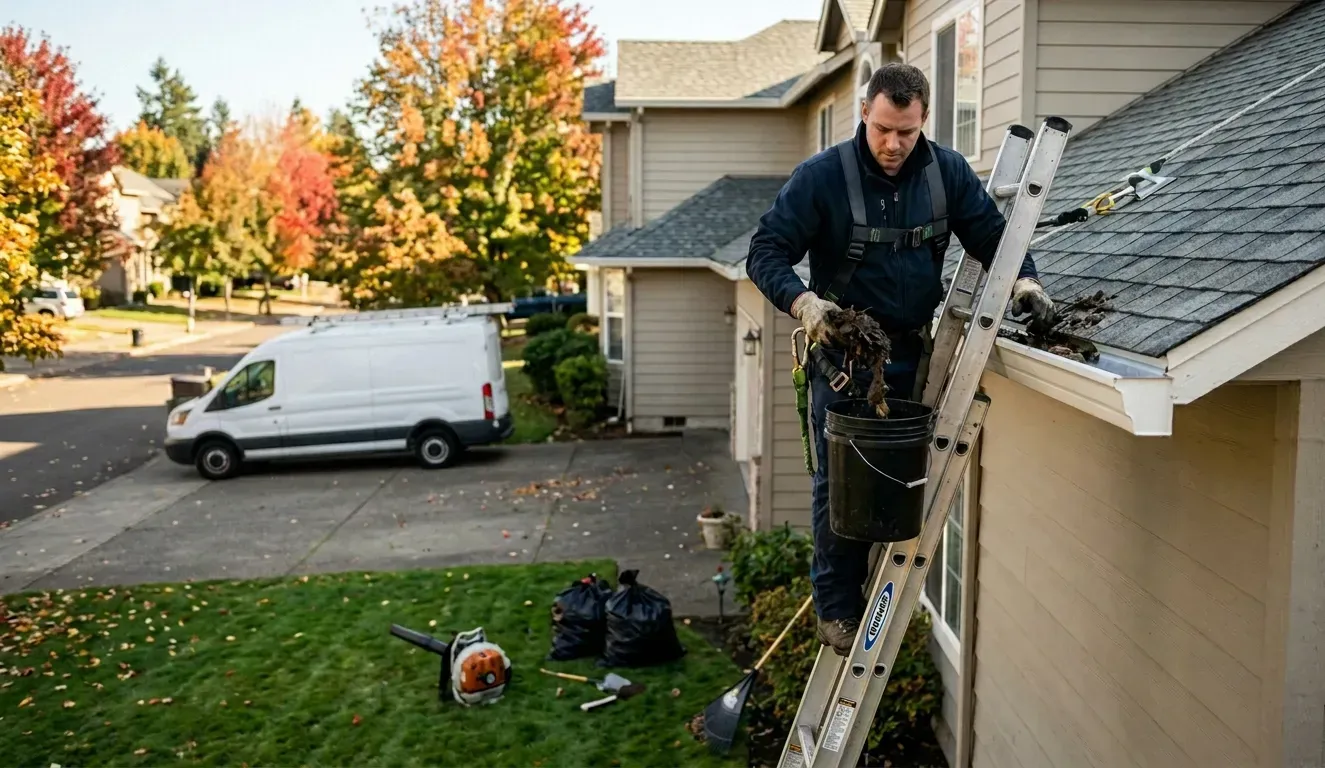 Worker on a ladder cleaning gutters on a house roof, with a white van parked nearby.