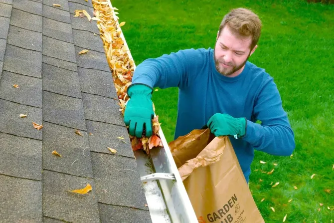 Worker cleaning leaves from a gutter on a shingled roof, using a ladder and a bag.