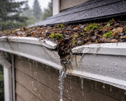 Clogged roof gutter overflowing with rainwater and debris beside a house wall