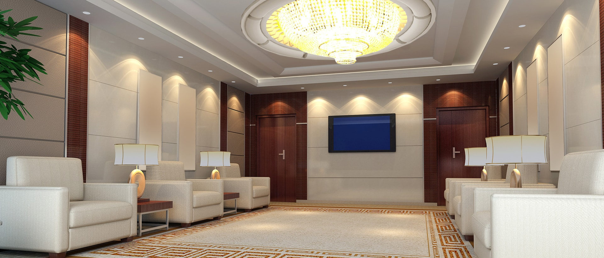 Elegant hotel lobby with white sofas, wood doors, wall lights, and a large chandelier ceiling