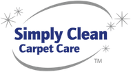 Simply Clean Carpet Care logo with blue text and silver stars on a white background