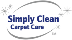 Simply Clean Carpet Care logo in blue and gray with sparkles and oval swoosh