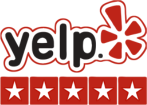 Yelp logo with red starburst icon and five red stars on white background