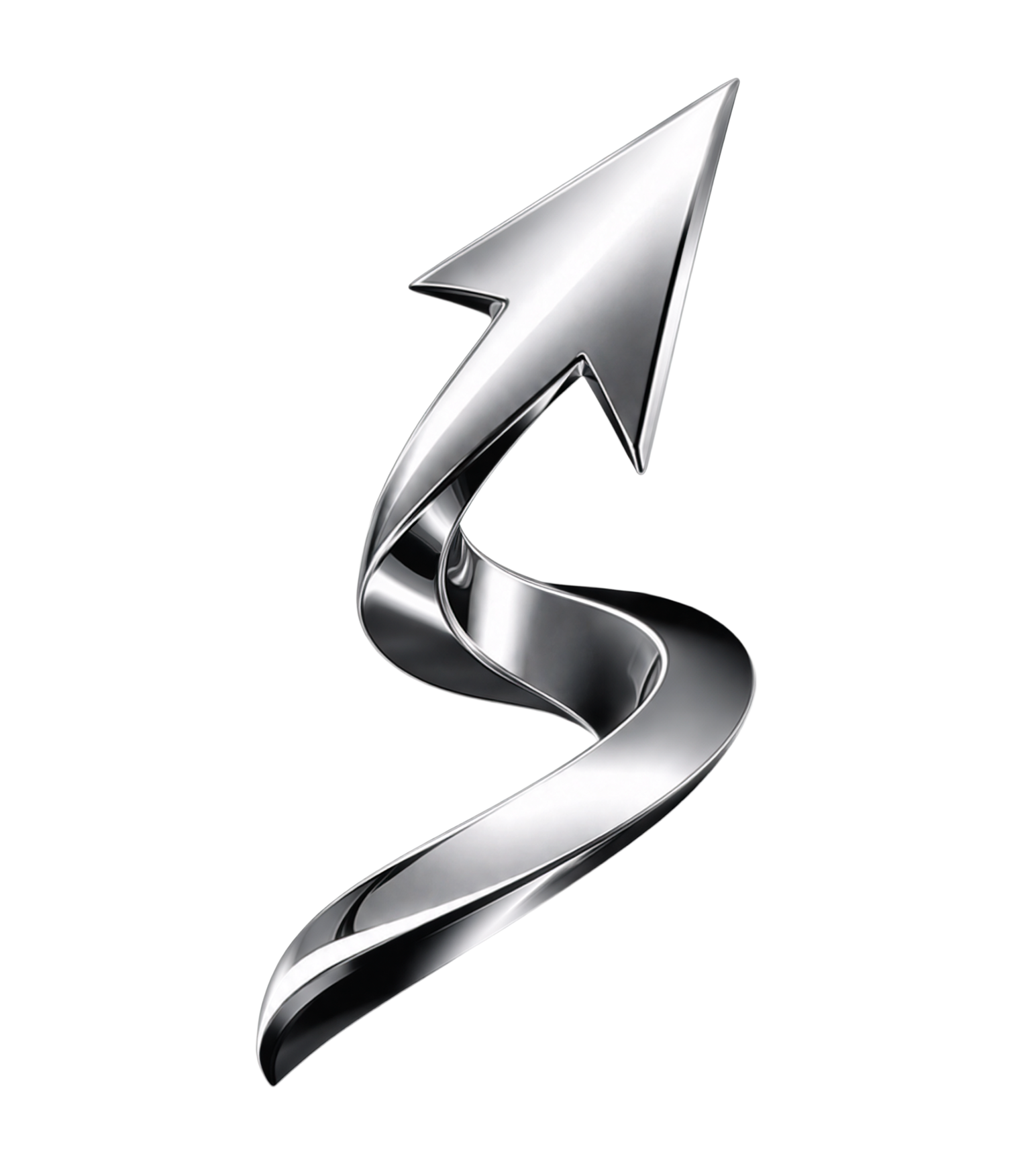 Silver metallic ribbon-like arrow curving upward on a white background