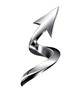 Silver metallic ribbon-like arrow curving upward on a white background