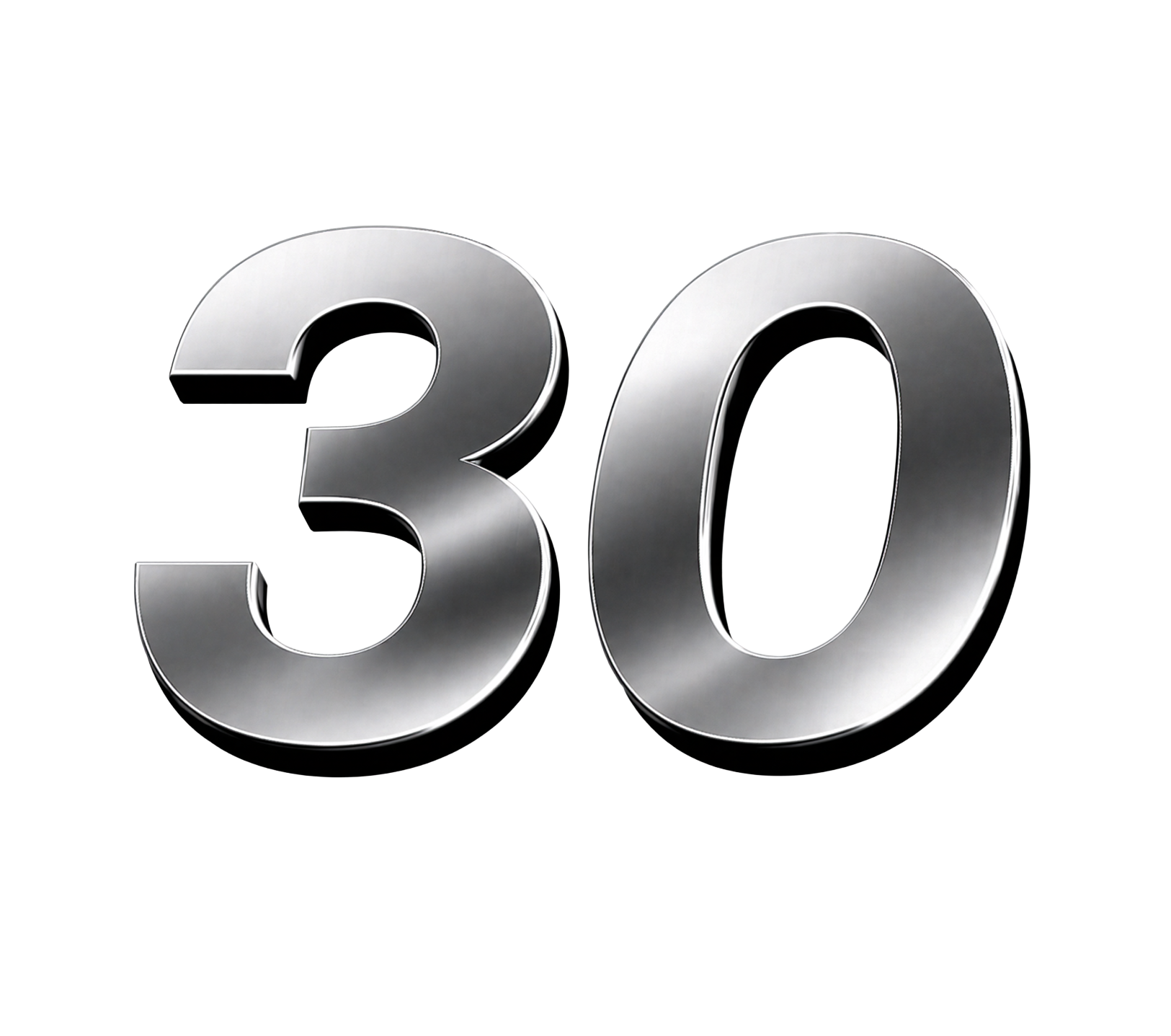 Large metallic silver “30” on a white background.