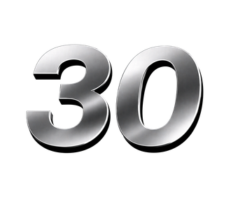 Large metallic silver “30” on a white background.