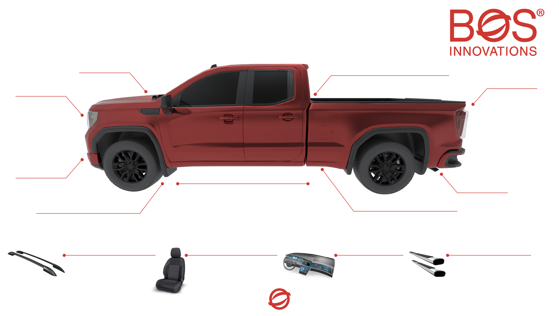 Red pickup truck side view with BOS Innovations logo and small product components laid out below