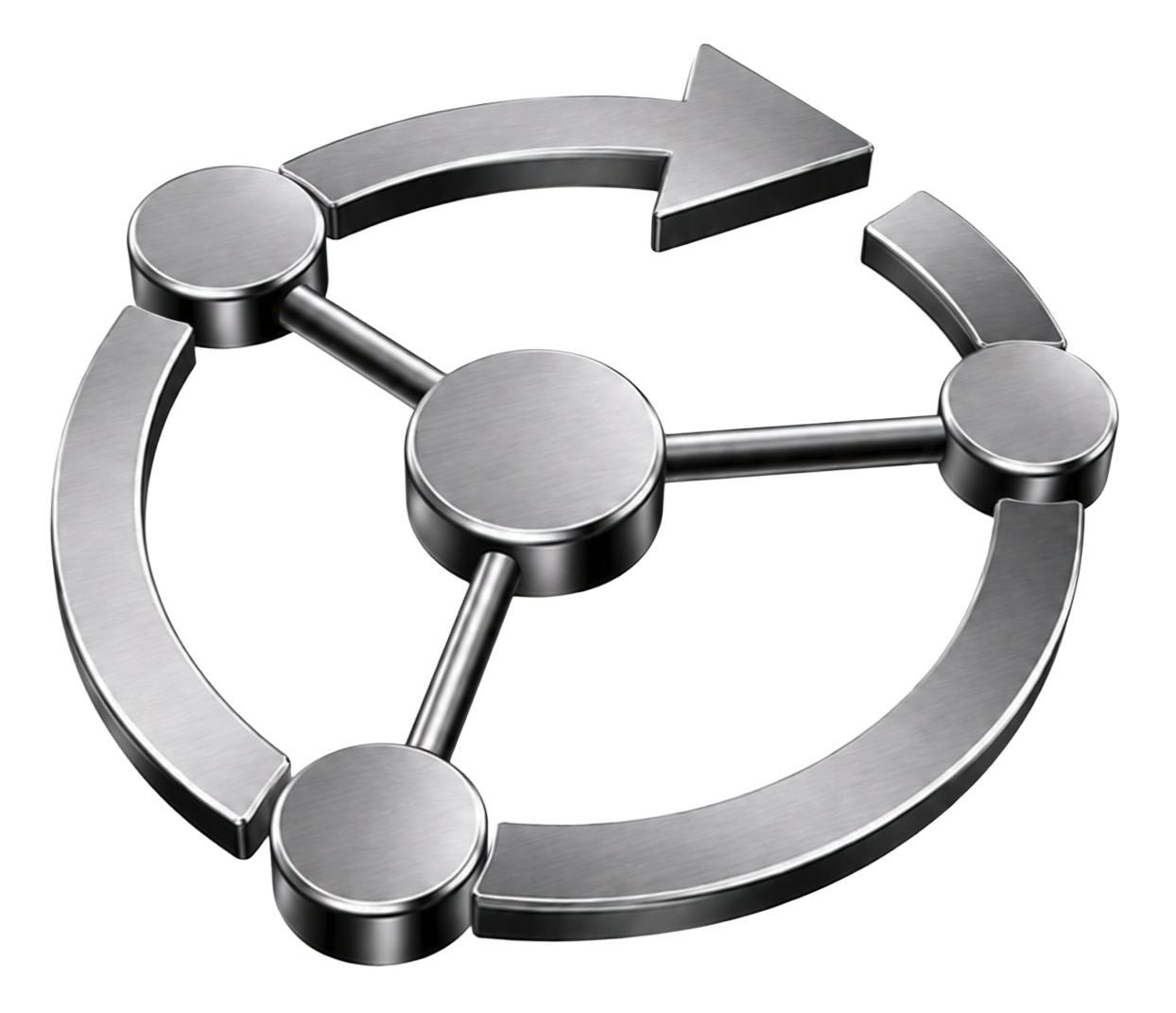 Silver circular network diagram with connected nodes and an arrow looping clockwise