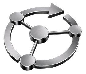 Silver circular network diagram with connected nodes and an arrow looping clockwise