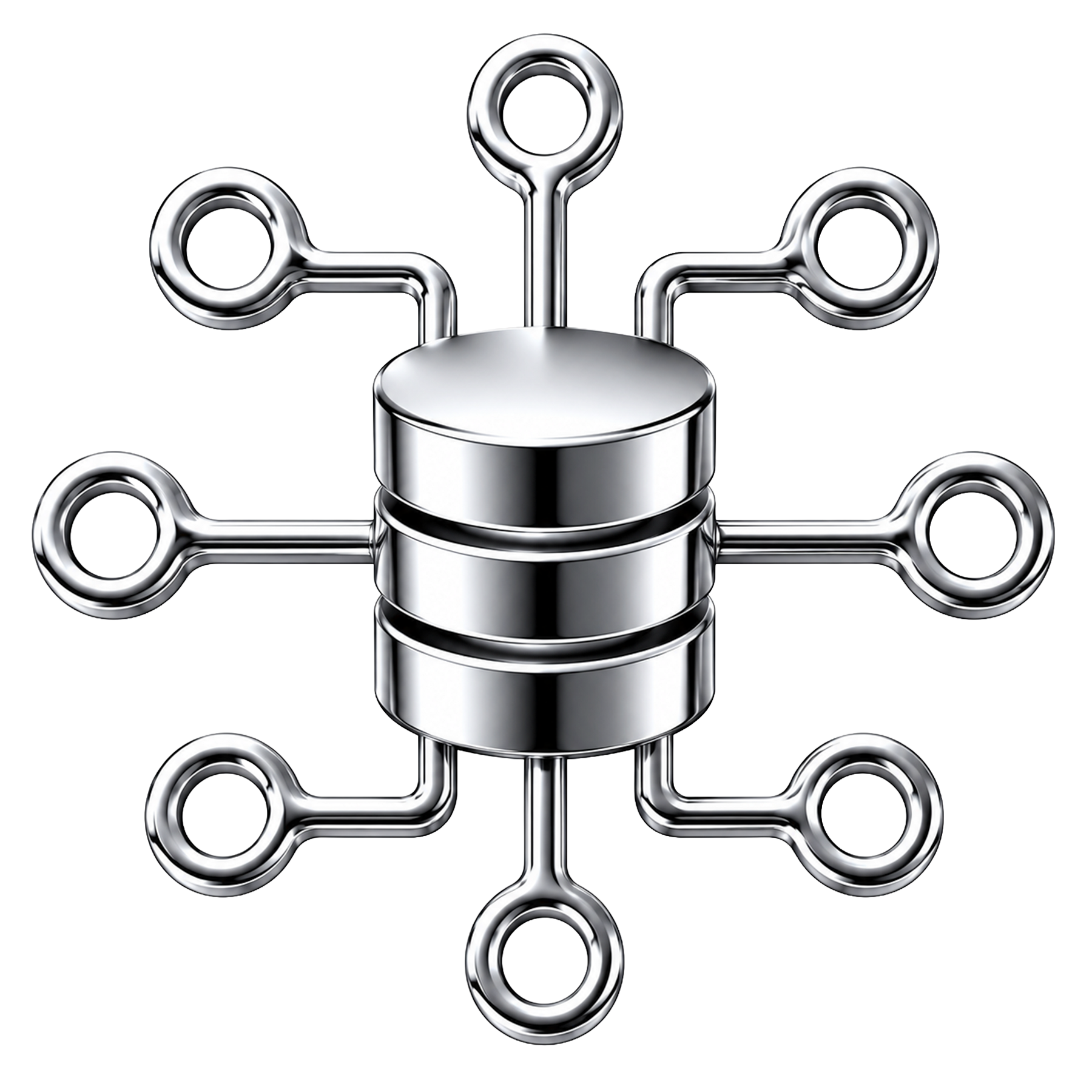 Silver database icon with connected nodes, symbolizing data network or database integration