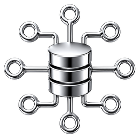 Silver database icon with connected nodes, symbolizing data network or database integration