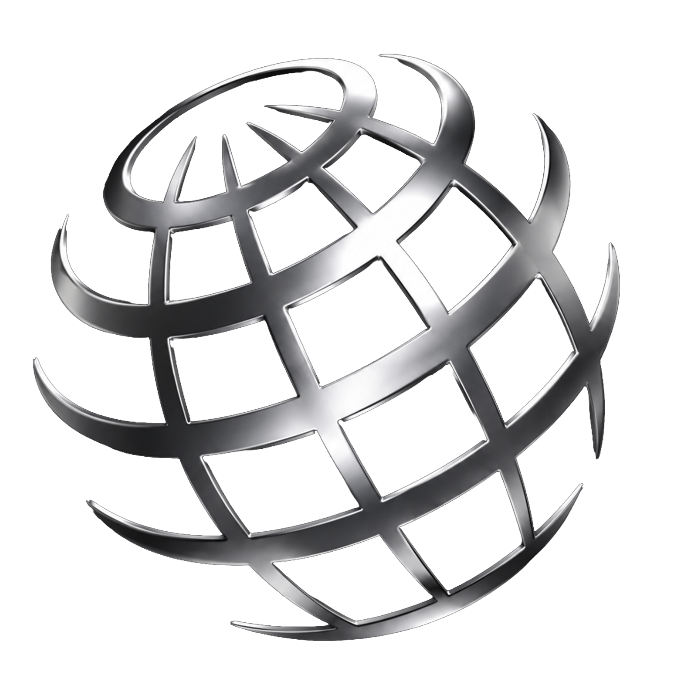 Gray globe-like wireframe logo with curved grid lines and a small top cap