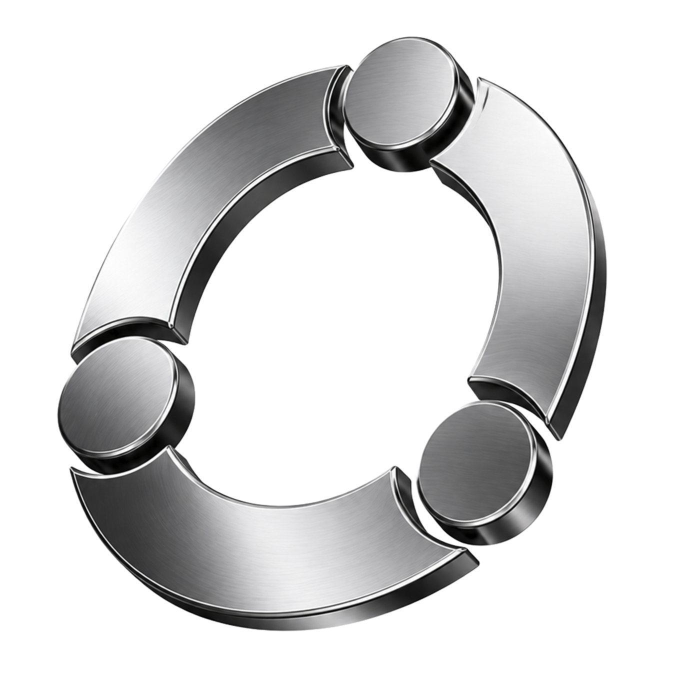 Chrome circular abstract logo with three silver rounded segments forming a ring