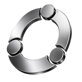 Chrome circular abstract logo with three silver rounded segments forming a ring