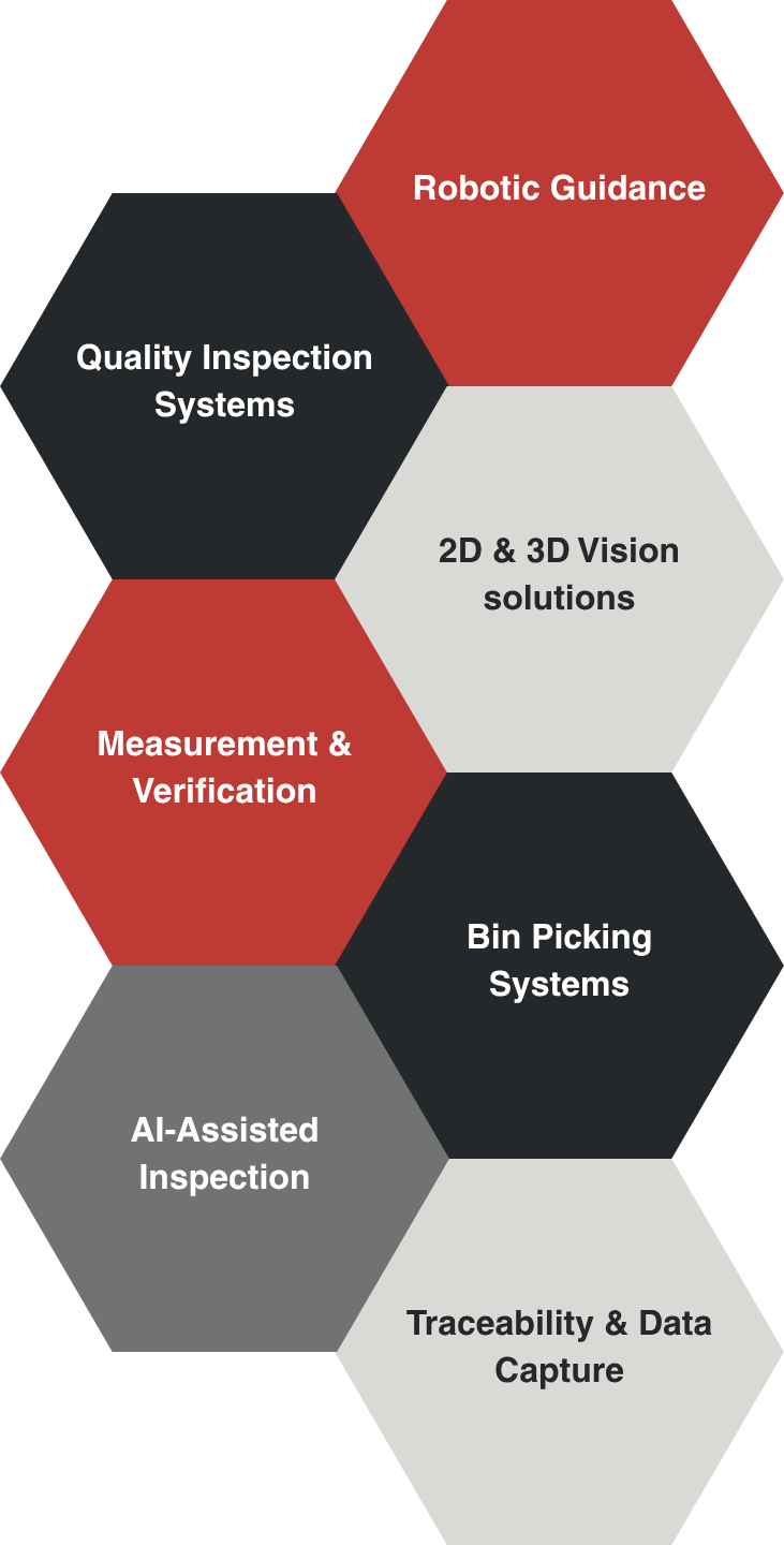 Hexagonal diagram of machine vision applications in red, white, and gray panels with labels.