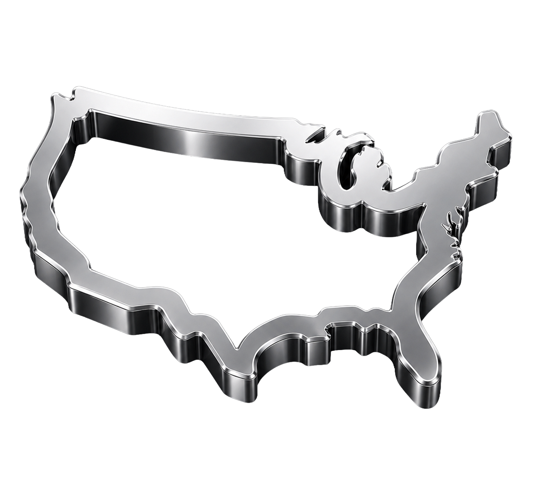 Shiny silver outline map of the United States on a white background