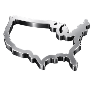 Shiny silver outline map of the United States on a white background