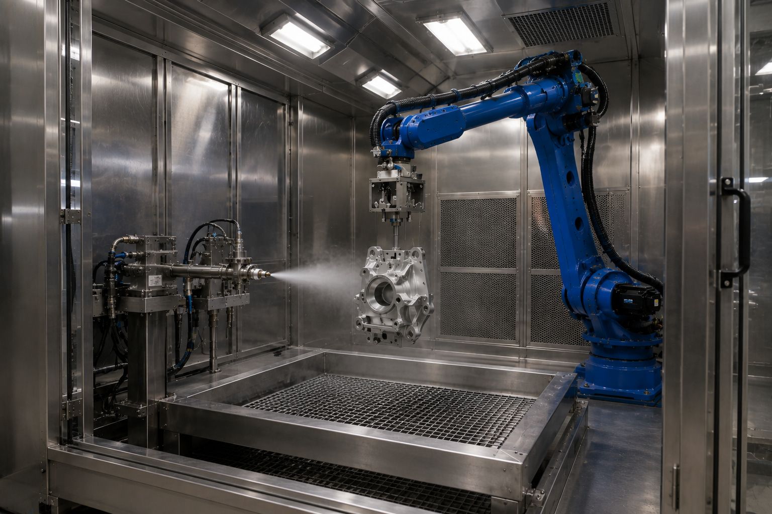 Blue industrial robot arm inside a stainless-steel machine enclosure