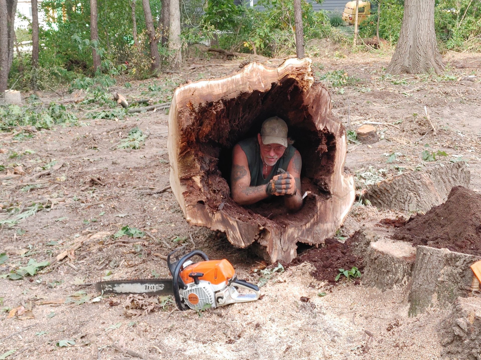 A man is sitting in a tree stump next to a chainsaw.
