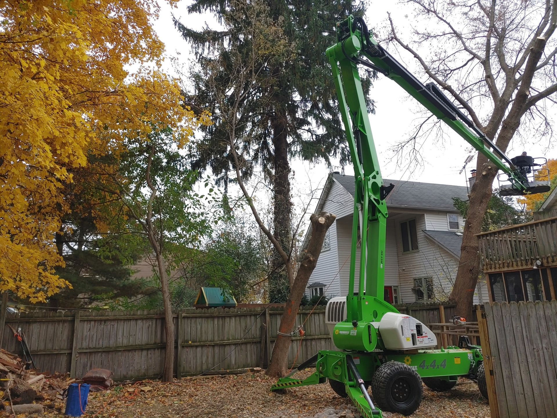 A green crane is cutting a tree in front of a house.