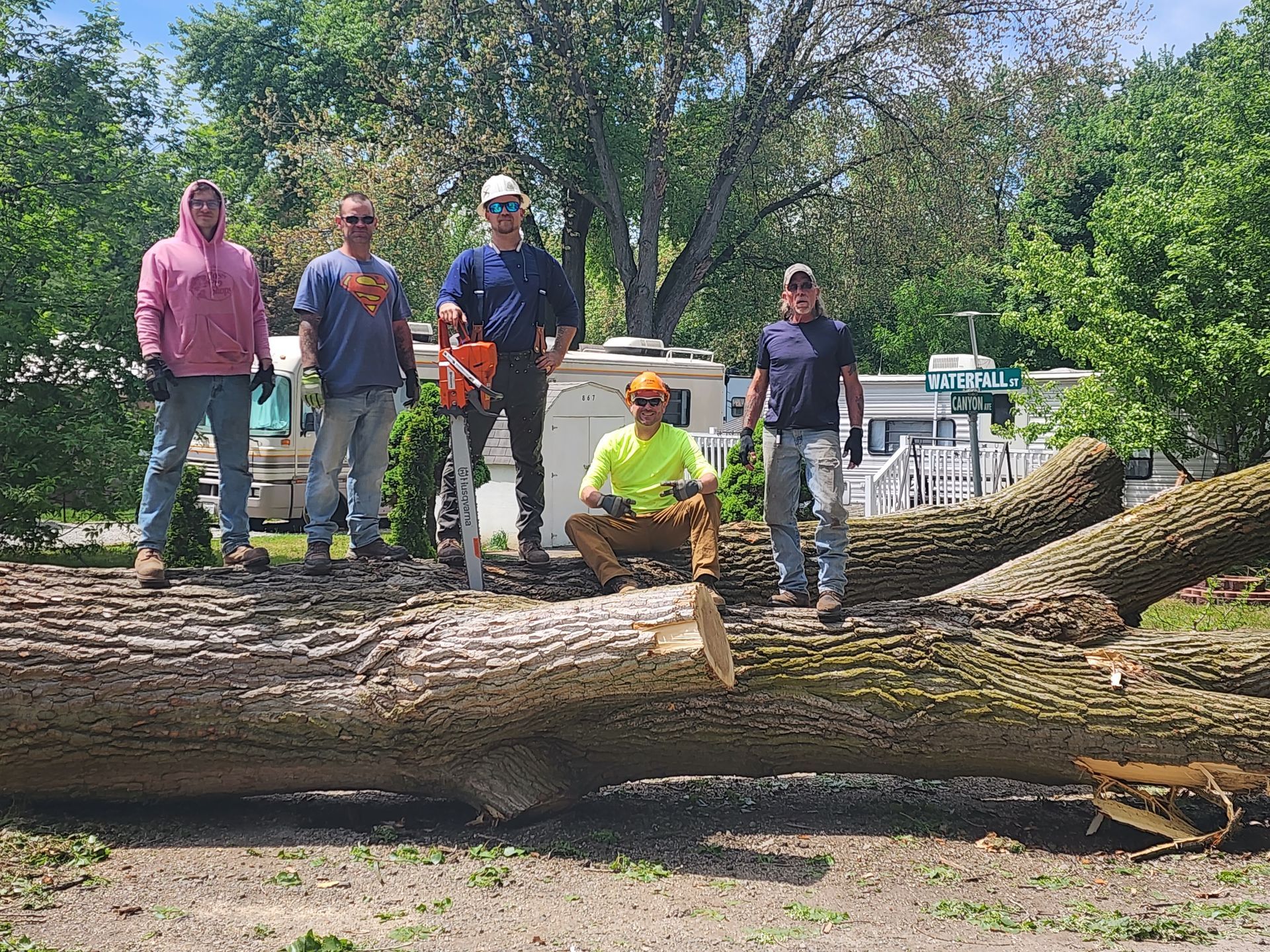 A group of men are standing on top of a large log in Portage, Indiana