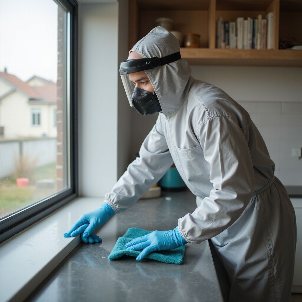 Person in hazmat suit cleans countertop with a blue cloth and gloves in a kitchen.