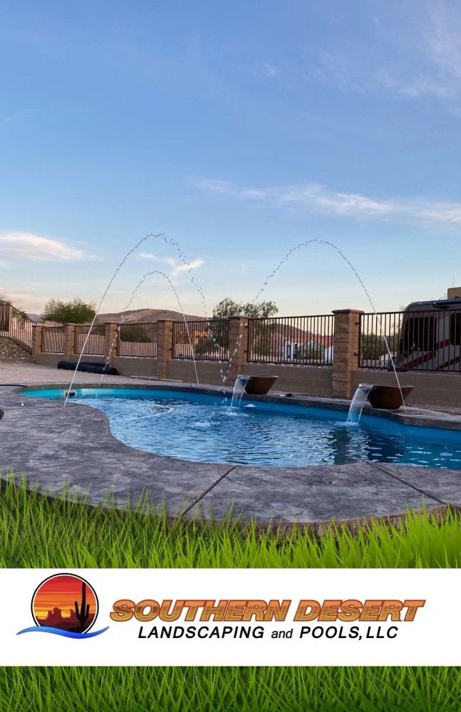 A large swimming pool with a fountain in the middle of it.