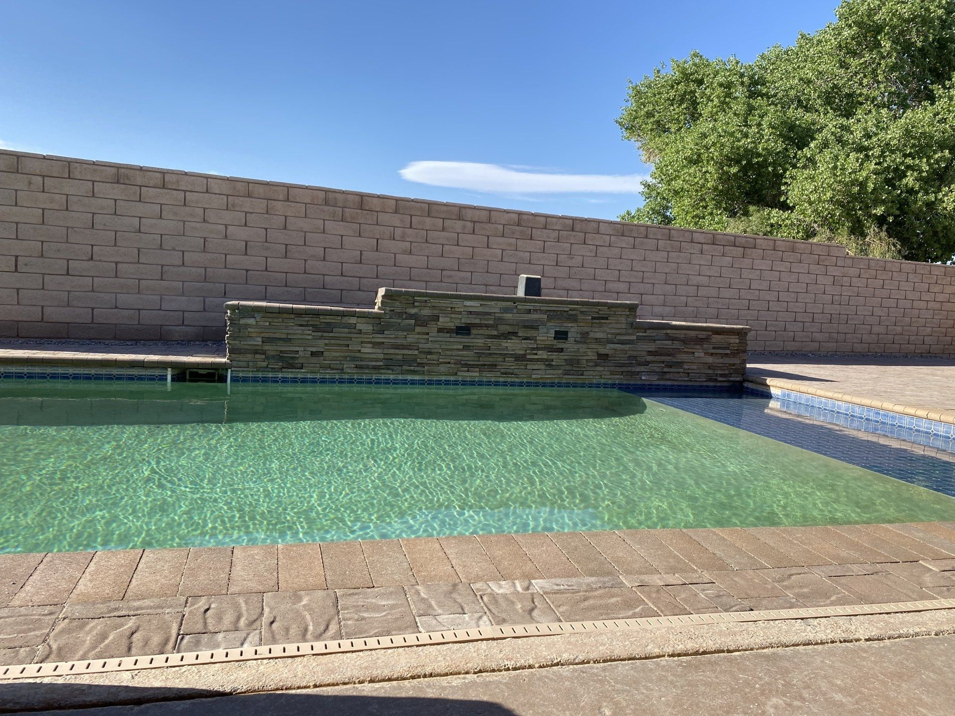 A large swimming pool with a brick wall in the background