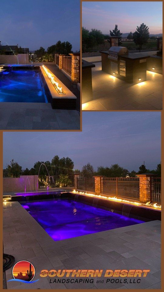 A collage of photos of a swimming pool with purple lights.