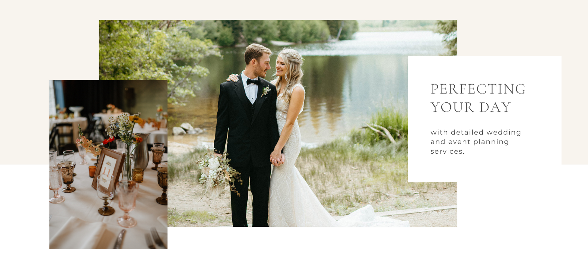 Wedding collage with couple by a lake, table decor, and a white text block on the right