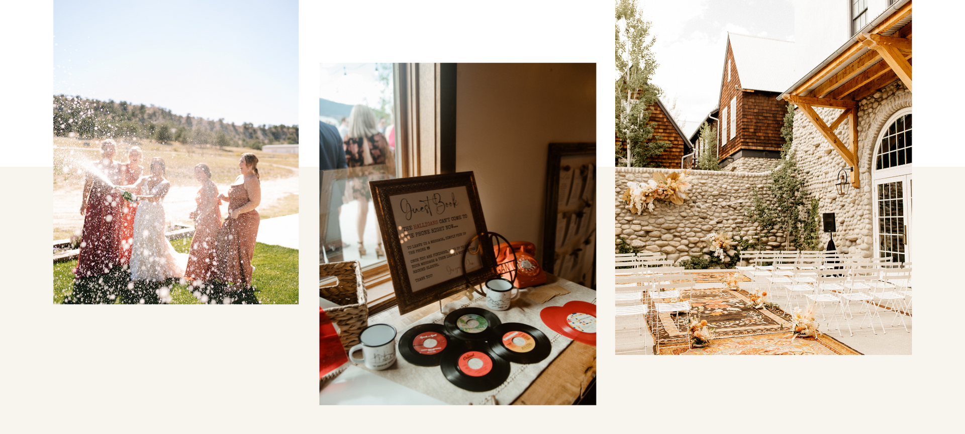 Wedding collage with outdoor ceremony, table decor, and rustic stone venue