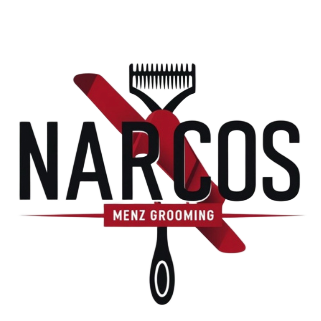 Logo for Narcos Menz Grooming: black and red barber tools overlayed on bold text.