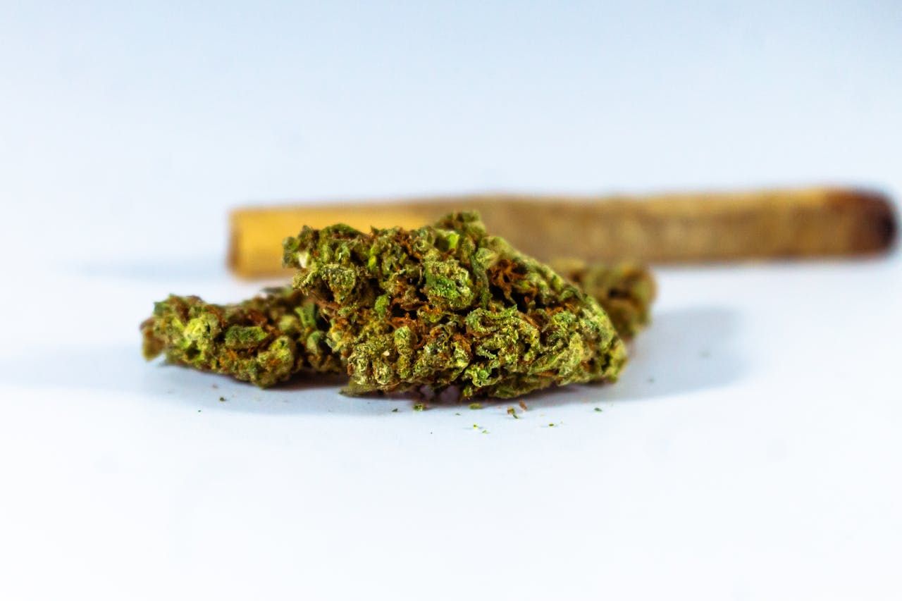 A nug and a blunt close up on a white surface.