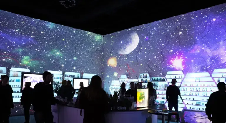 People in a room with a starry sky projected on the walls, browsing items on display.