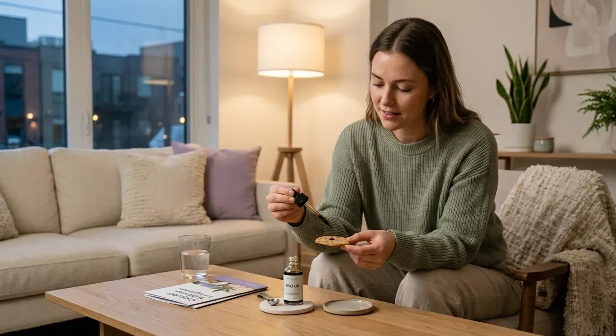 A woman sitting on a chair in her living room holds a dropper of RSO oil and a cracker that she is dropping it on.