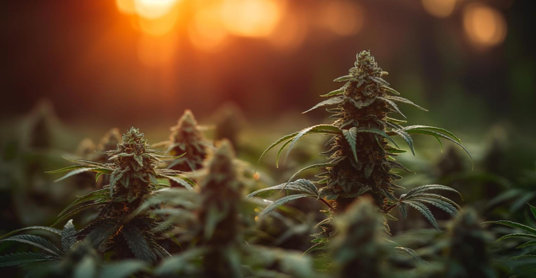 A field of thick cannabis flower buds against a glowing sunset.