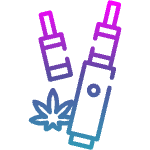 Vape pen and cartridge with cannabis leaf, outlined in gradient blue and purple.