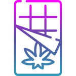 Chocolate bar partially unwrapped, with a cannabis leaf visible. Gradient colors: purple and blue.